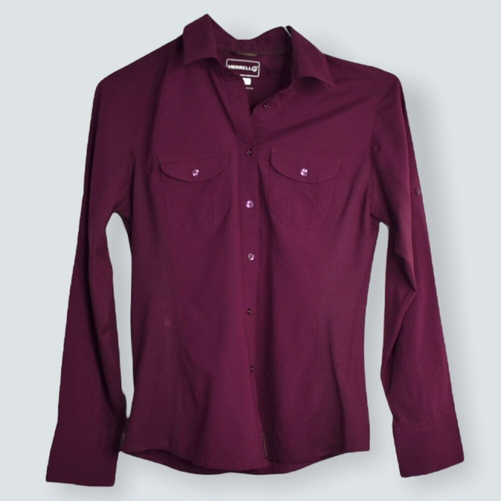 Merrell Shirt XS Womens Button Down Burgundy Polyester Opti Wick Pockets